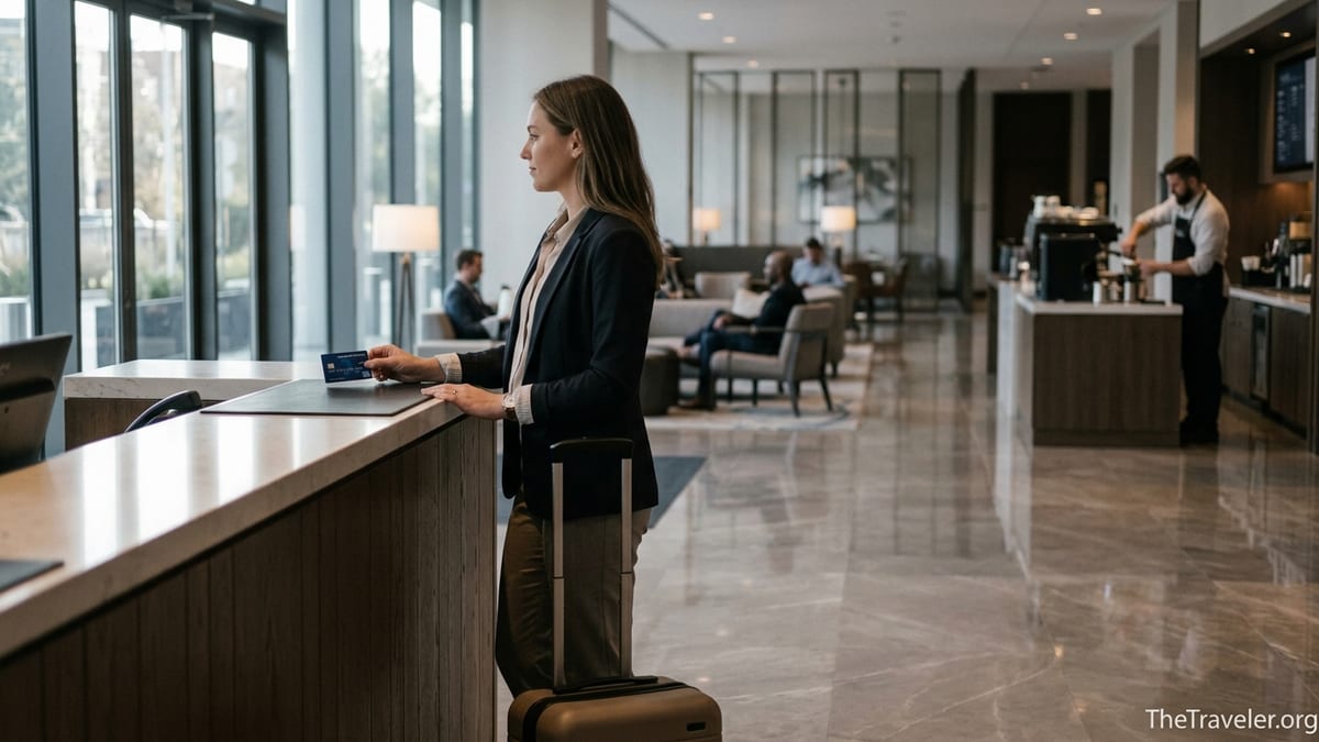 Traveler checking into a Hilton hotel lobby holding a Hilton Honors American Express card.