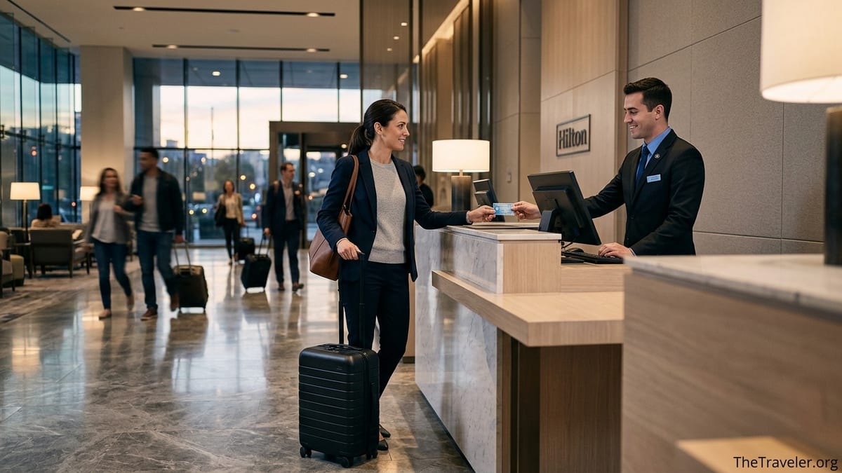 Traveler checking in at a modern Hilton hotel lobby with American Express card in hand.