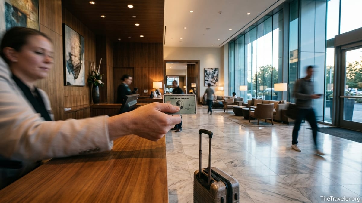 Traveler paying at a Hilton hotel front desk with an American Express card in a bright modern lobby.