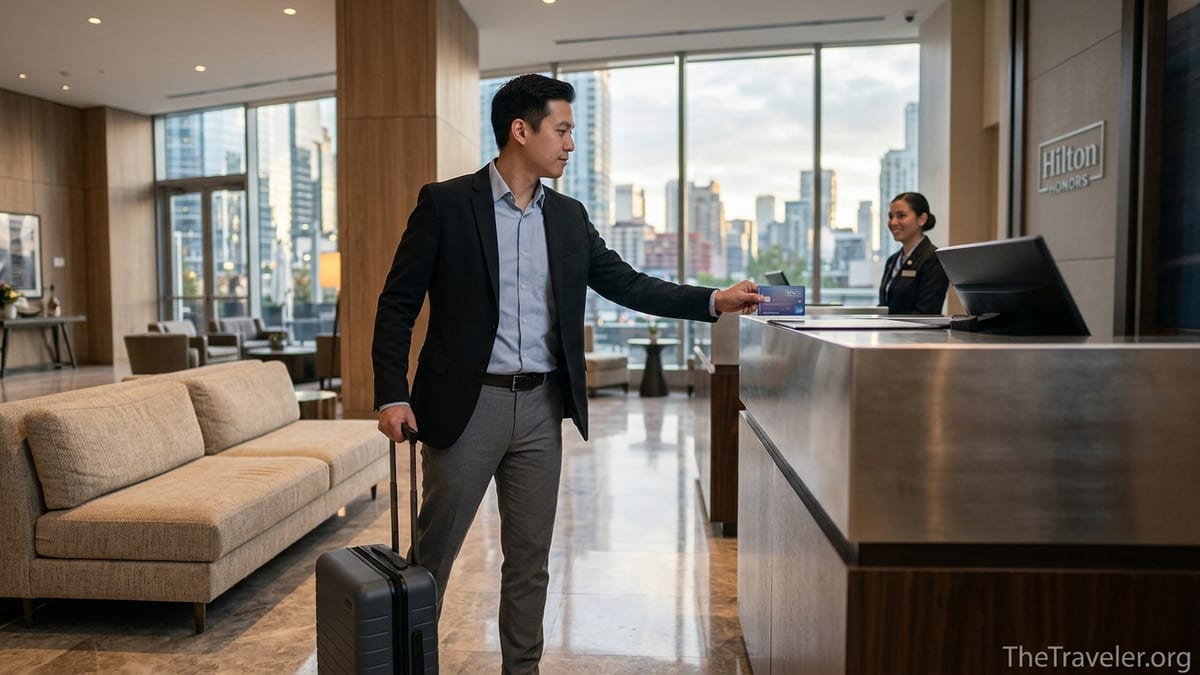 Traveler checking in at a modern Hilton hotel lobby, placing a credit card on the front desk.