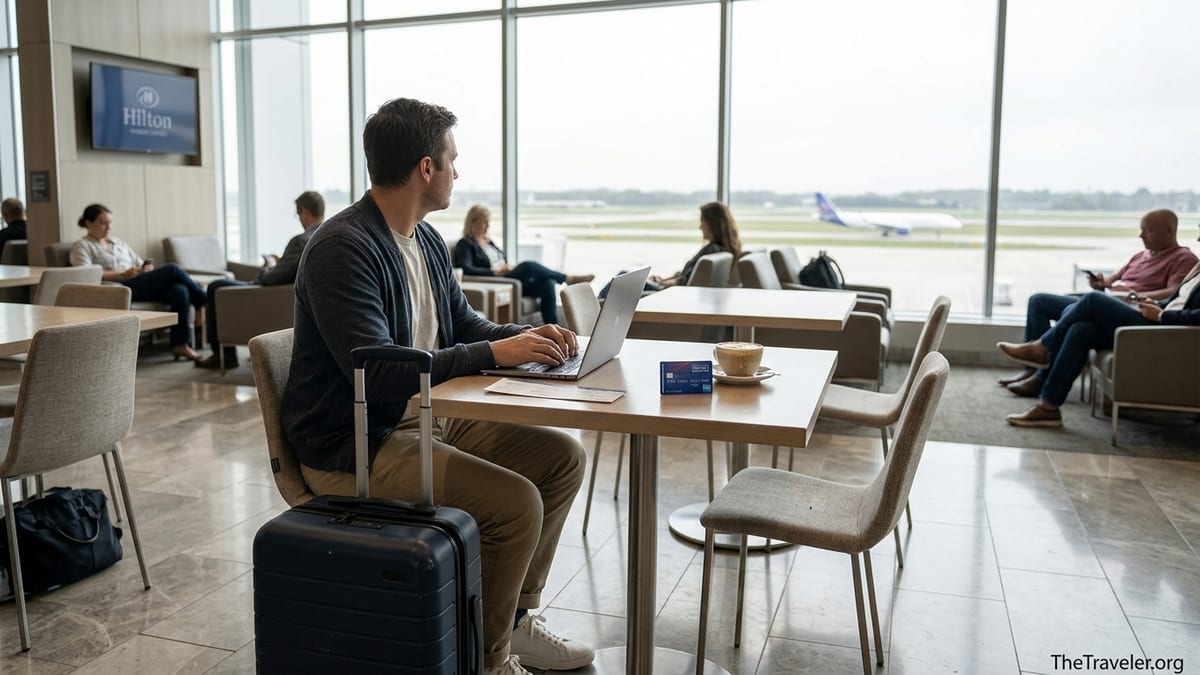 Traveler in an airport lounge using a Hilton Honors Amex card beside a laptop and carry-on bag.