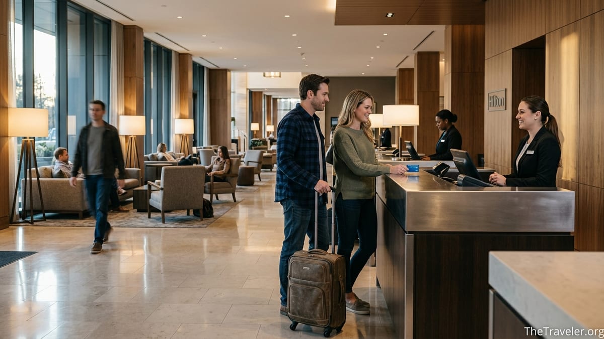 Traveler checking into a Hilton hotel lobby using a credit card at the front desk.