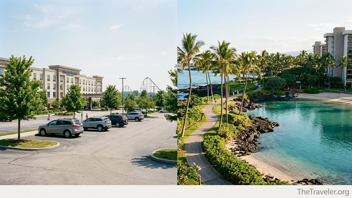 Side by side view of a Kings Island area Hilton resort and Hilton Waikoloa Village lagoon scene.