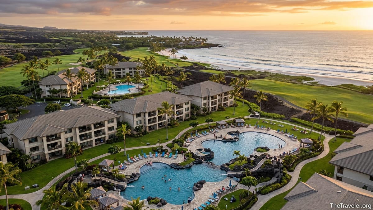 Aerial view of two Hilton Grand Vacations resorts in Waikoloa framed by pools, golf courses and the Kohala Coast at sunset.