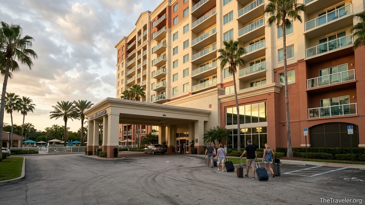 Exterior of Hilton Las Palmeras Orlando with palm trees, driveway and guests arriving at sunset.