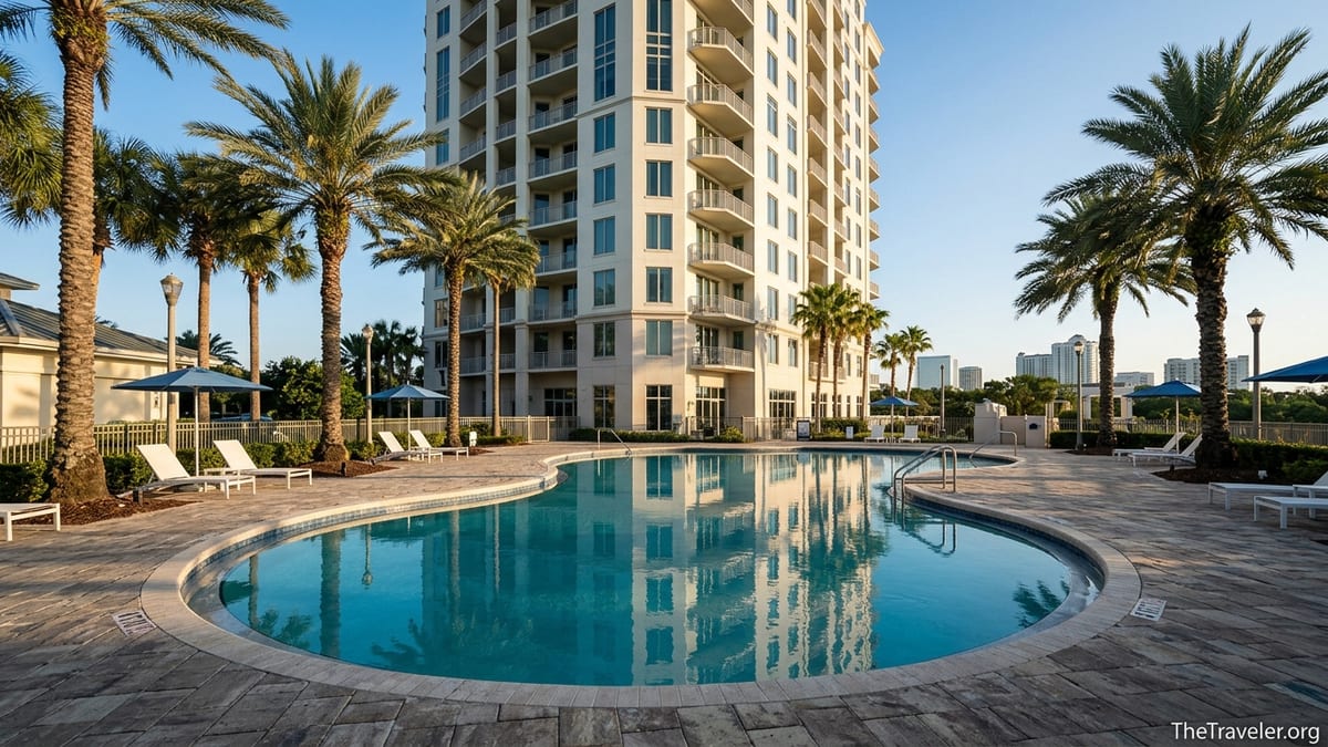 Exterior of Hilton Grand Vacations Club Las Palmeras Orlando overlooking pool and palm trees at sunrise.