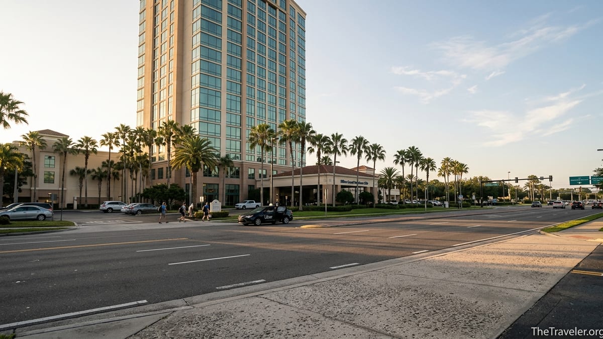 Street view of Hilton Las Palmeras Orlando on Universal Boulevard with cars and palm trees at sunrise.