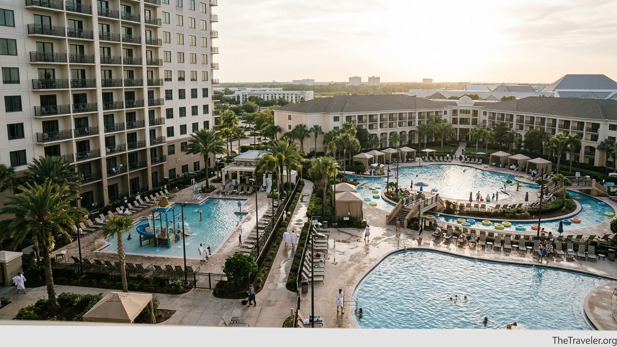 Aerial view of two contrasting Hilton Orlando pool areas, one compact and one with a lazy river, near the convention center.