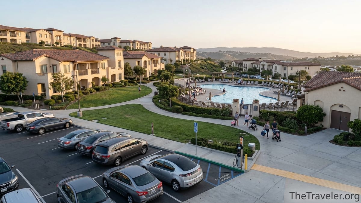 Hilton MarBrisa Carlsbad resort buildings, pool and parking area with EV charging at sunset.