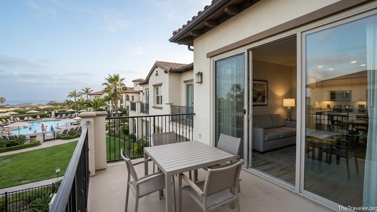 Balcony at Hilton MarBrisa Carlsbad overlooking villas and family pool under coastal sun