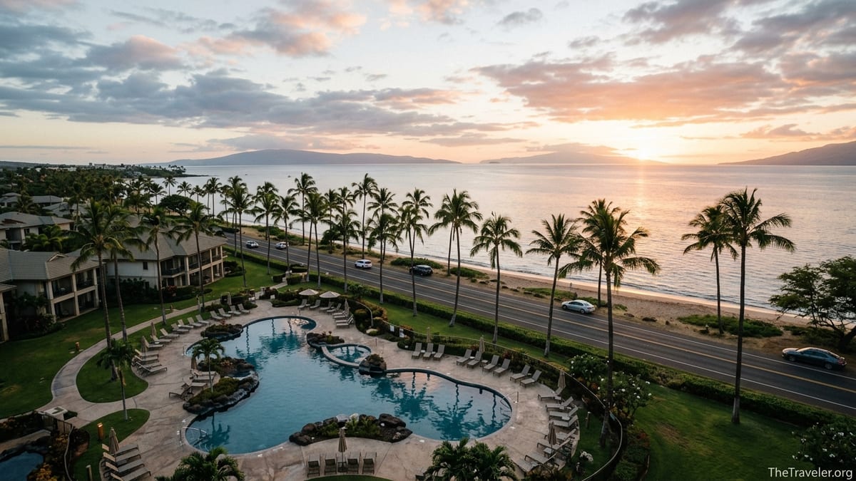 Oceanfront pool and palm trees at Maui Bay Villas with road and narrow Kihei beach beyond at sunset.