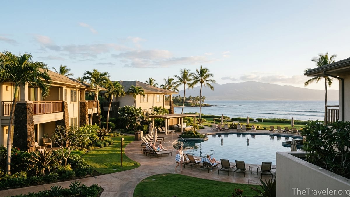 Golden hour view of Hilton Grand Vacations Maui Bay Villas resort with pool, palms and ocean backdrop in Kīhei.
