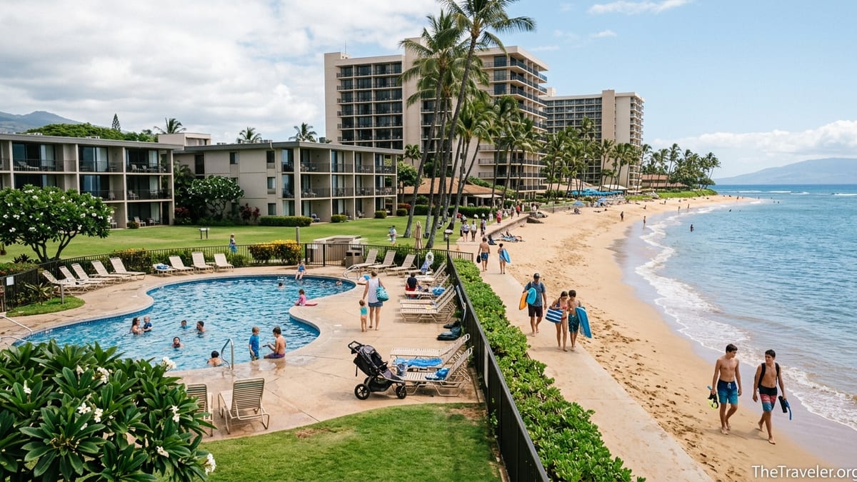 Family-friendly Maui beachfront resorts with pool, palm trees, and golden sand shoreline on a sunny day.