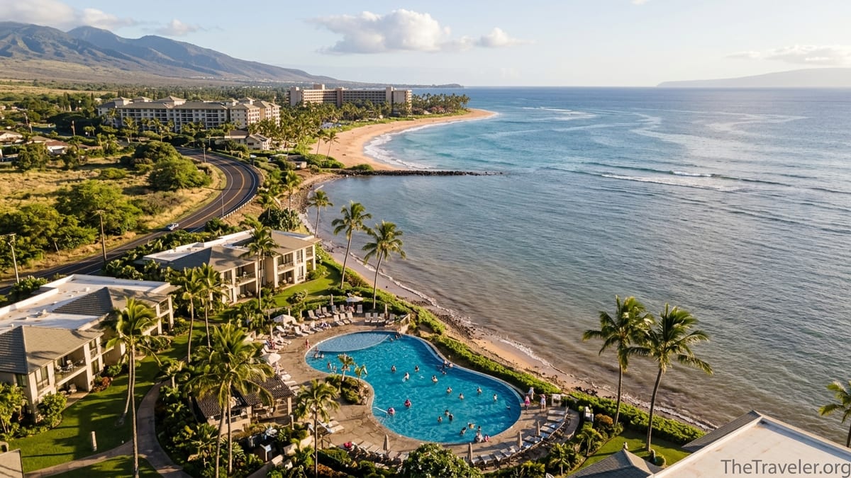 Aerial view of family-friendly villa resorts on Maui with pools and nearby beaches.
