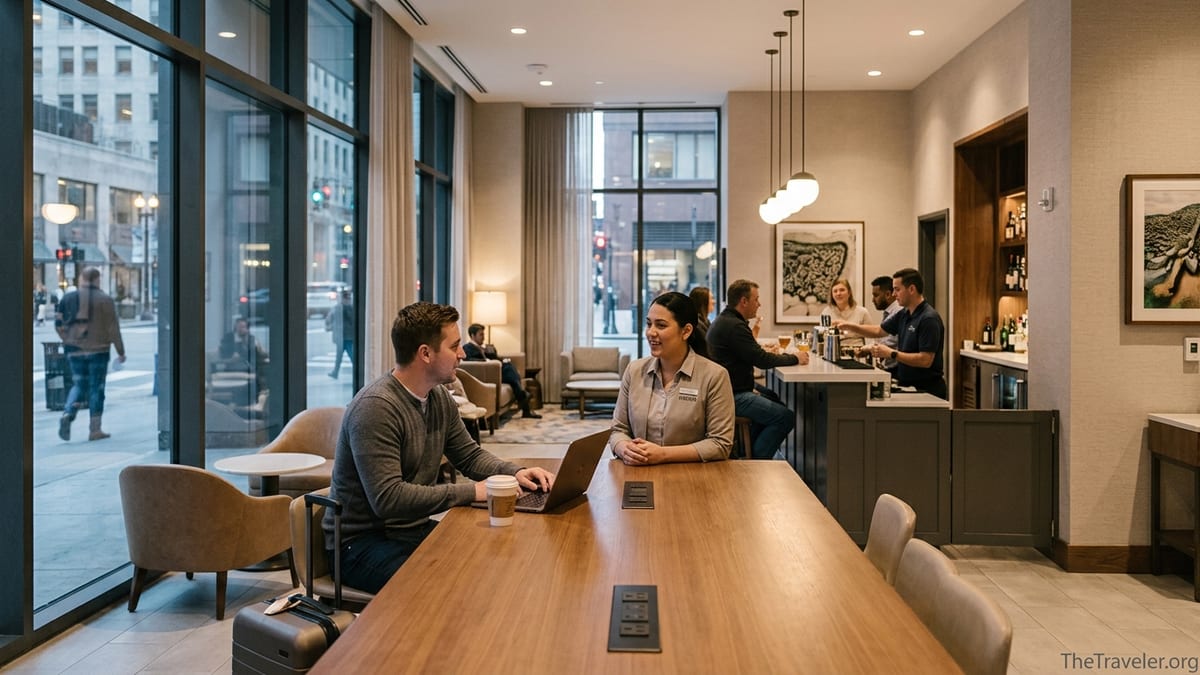 Travelers working and relaxing in a stylish Hilton hotel lobby with warm lighting and local artwork.
