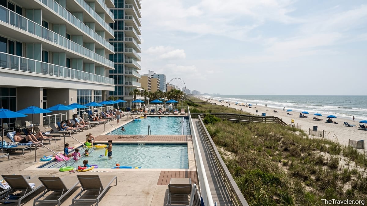 Families with children relaxing by the oceanfront pool at Hilton Ocean Enclave Myrtle Beach.
