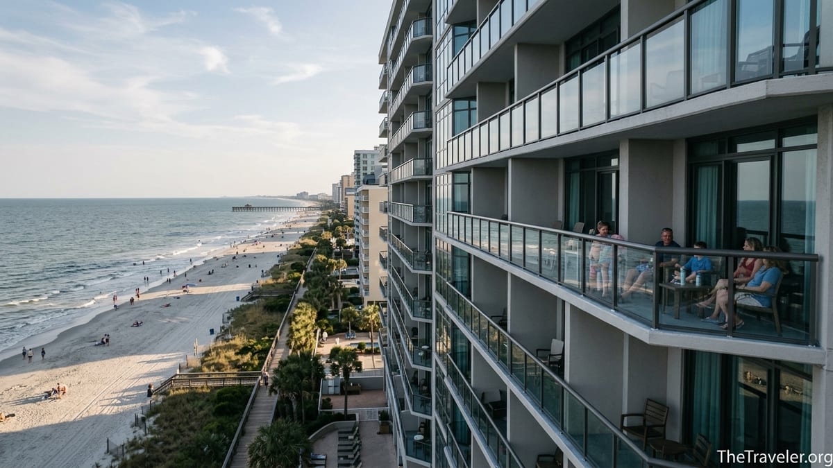Oceanfront high-rise resort at Myrtle Beach with balconies overlooking sandy beach and Atlantic waves.