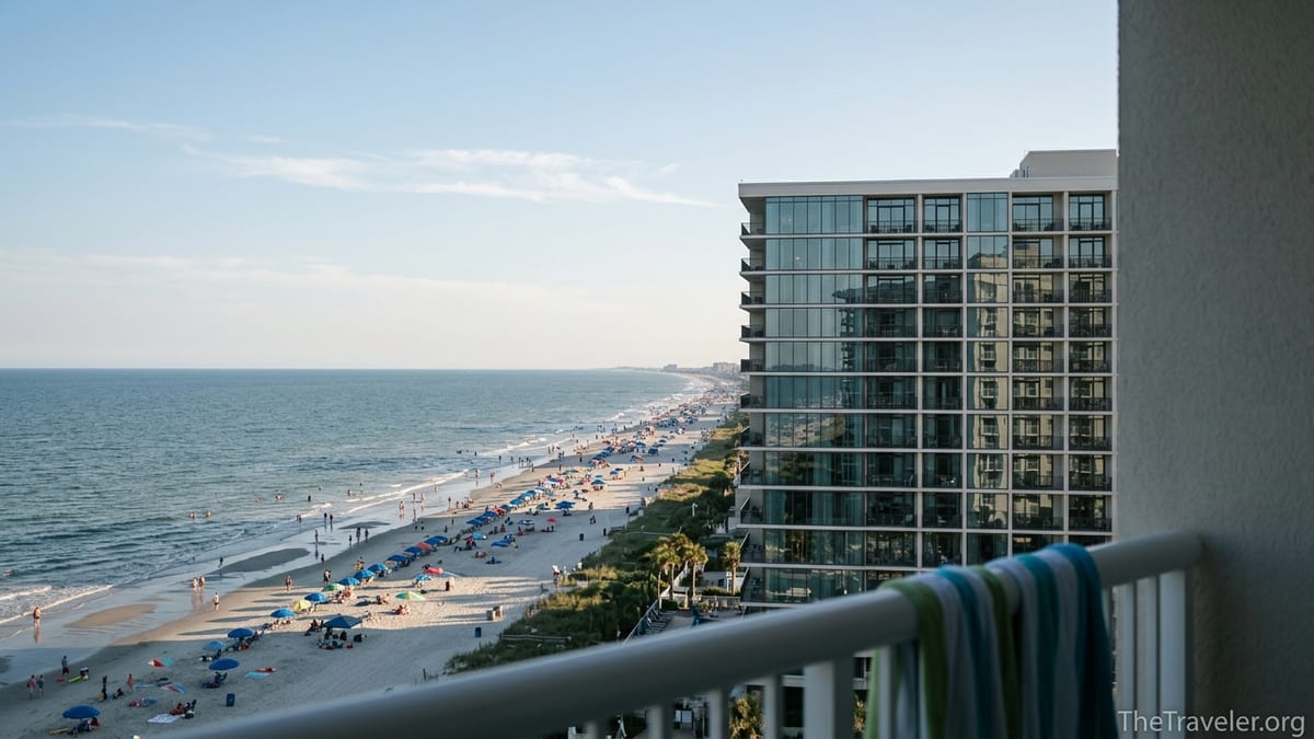 Oceanfront view of Hilton Grand Vacations Club Ocean Enclave Myrtle Beach and busy beach below