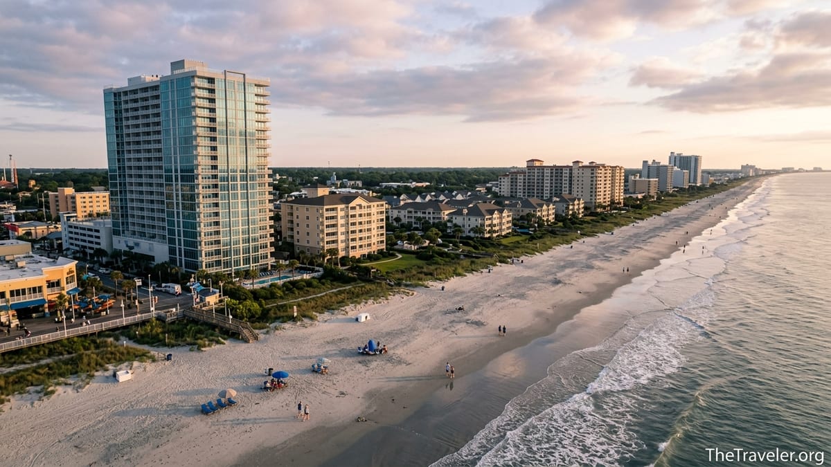 Aerial sunrise view of Myrtle Beach resorts, pools and sandy shoreline.
