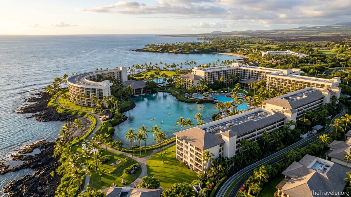 Aerial view of Hilton Waikoloa Village and Ocean Tower along Hawaii’s Kohala Coast at sunset.
