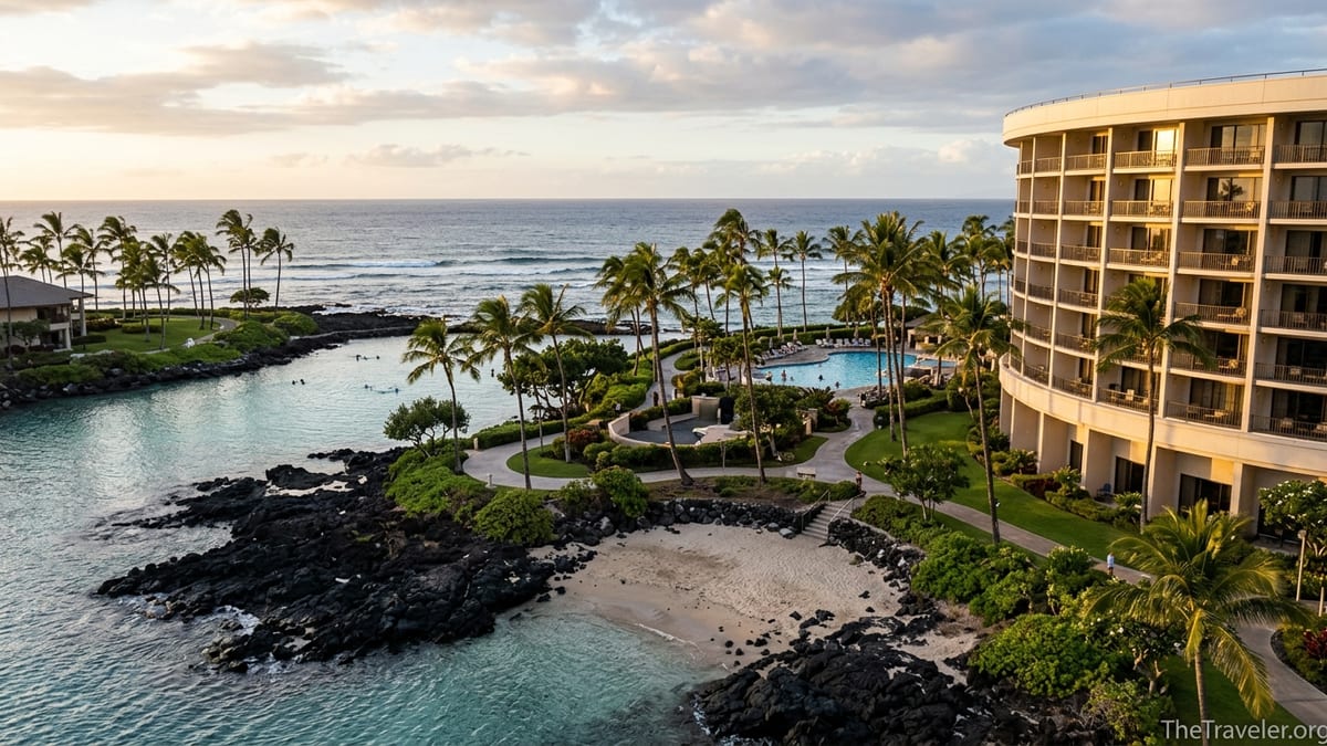Oceanfront view of Hilton Waikoloa Village’s Ocean Tower with lagoon, pools and lava rock shoreline at sunset.