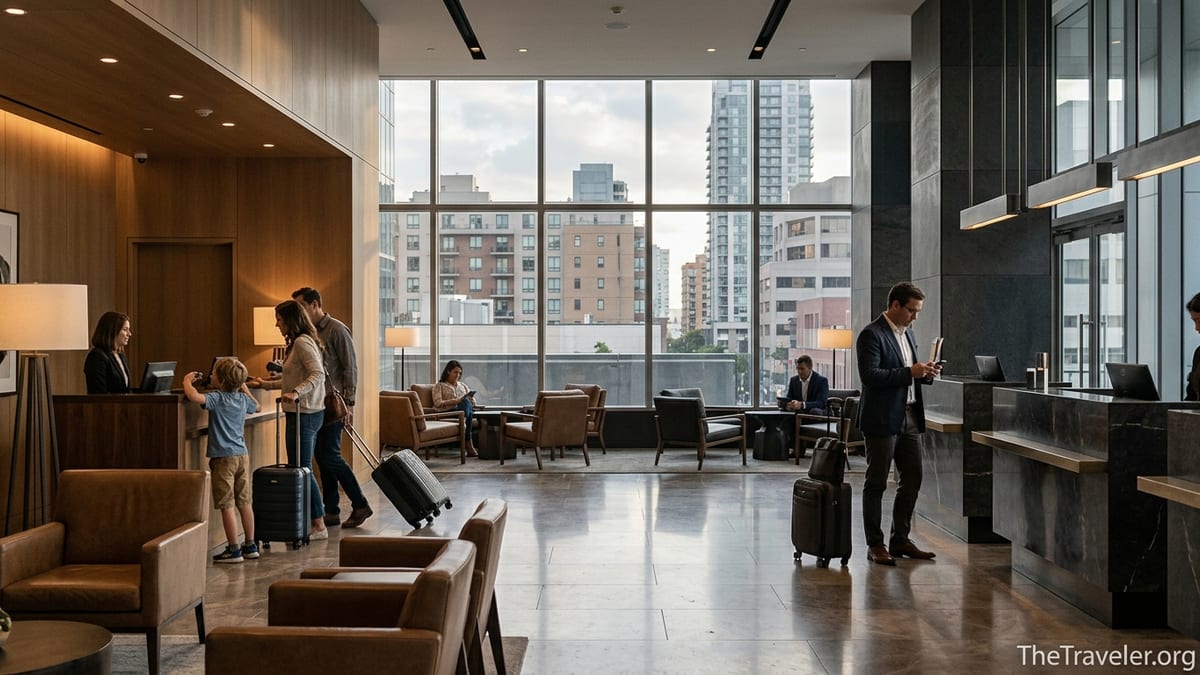 Hotel lobby scene contrasting family and business travelers choosing between two modern reception areas.