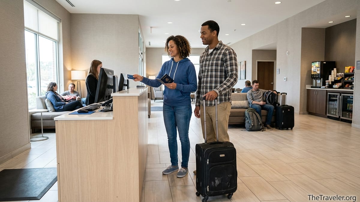 Budget travelers checking in at a modern Hilton hotel front desk with luggage.