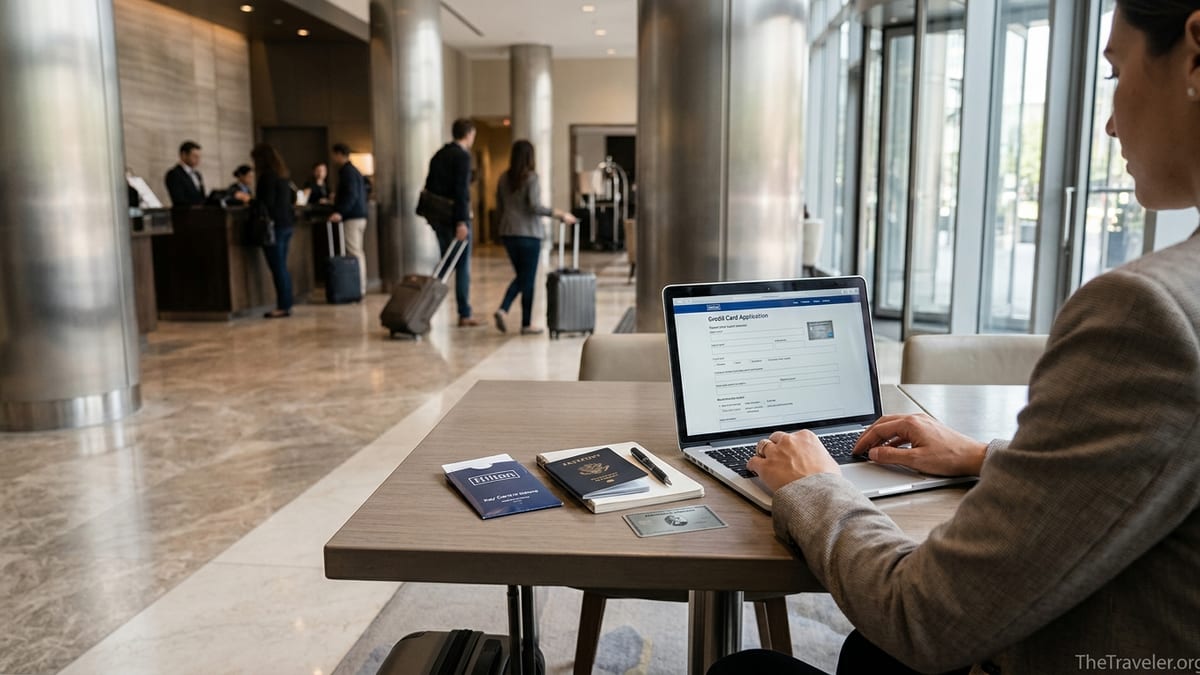 Traveler reviewing a Hilton credit card application on a laptop in a modern hotel lobby.