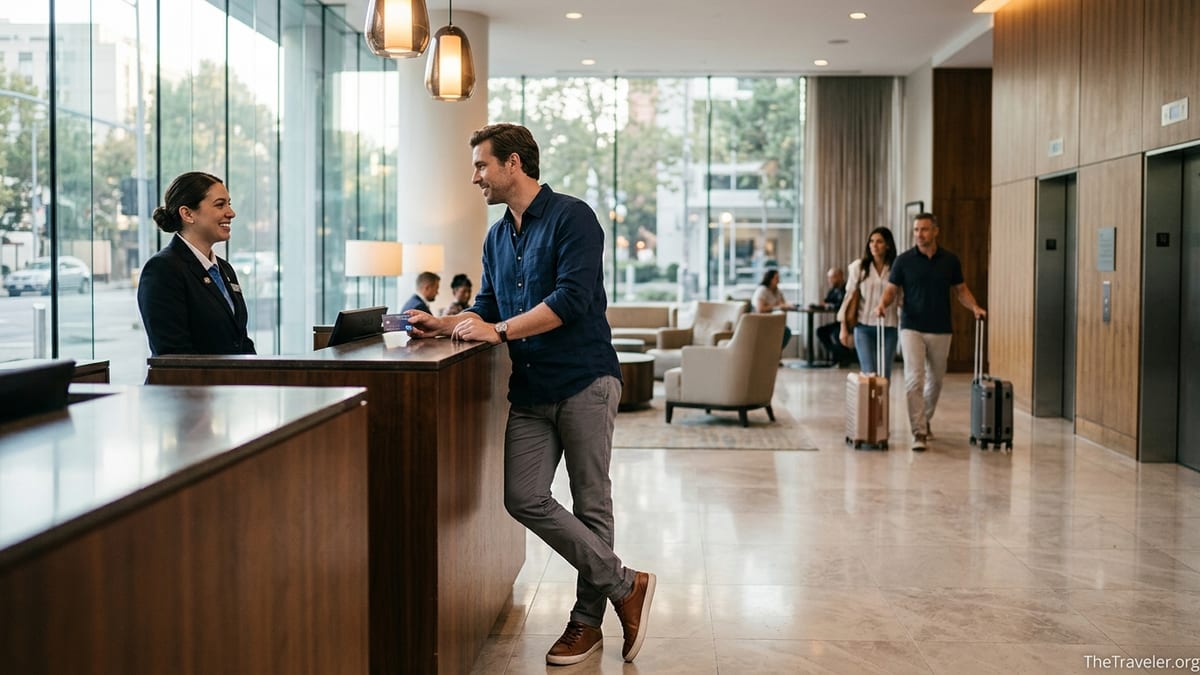 Traveler checking into a Hilton hotel lobby while holding a Hilton Surpass credit card.