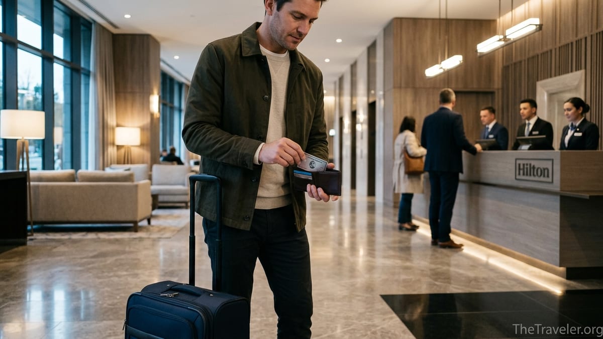 Traveler paying with a credit card at a modern Hilton hotel front desk.