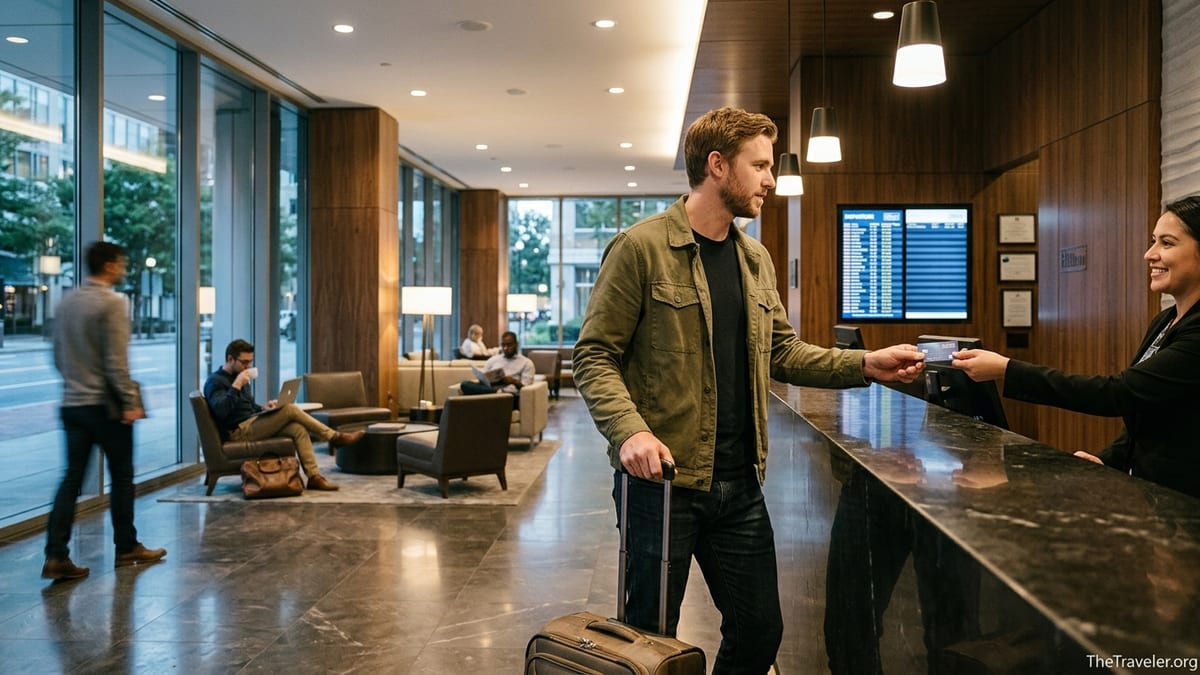 Traveler paying at a Hilton hotel front desk with a Hilton Honors American Express Surpass Card.