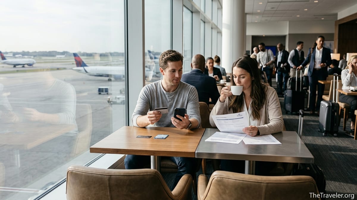 Two travelers compare hotel credit cards at an airport lounge table overlooking planes taxiing outside large windows.