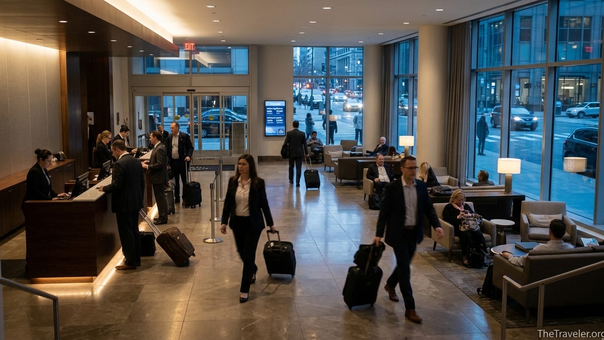 Travelers walking through a modern Hilton lobby with front desk and city view at dusk.