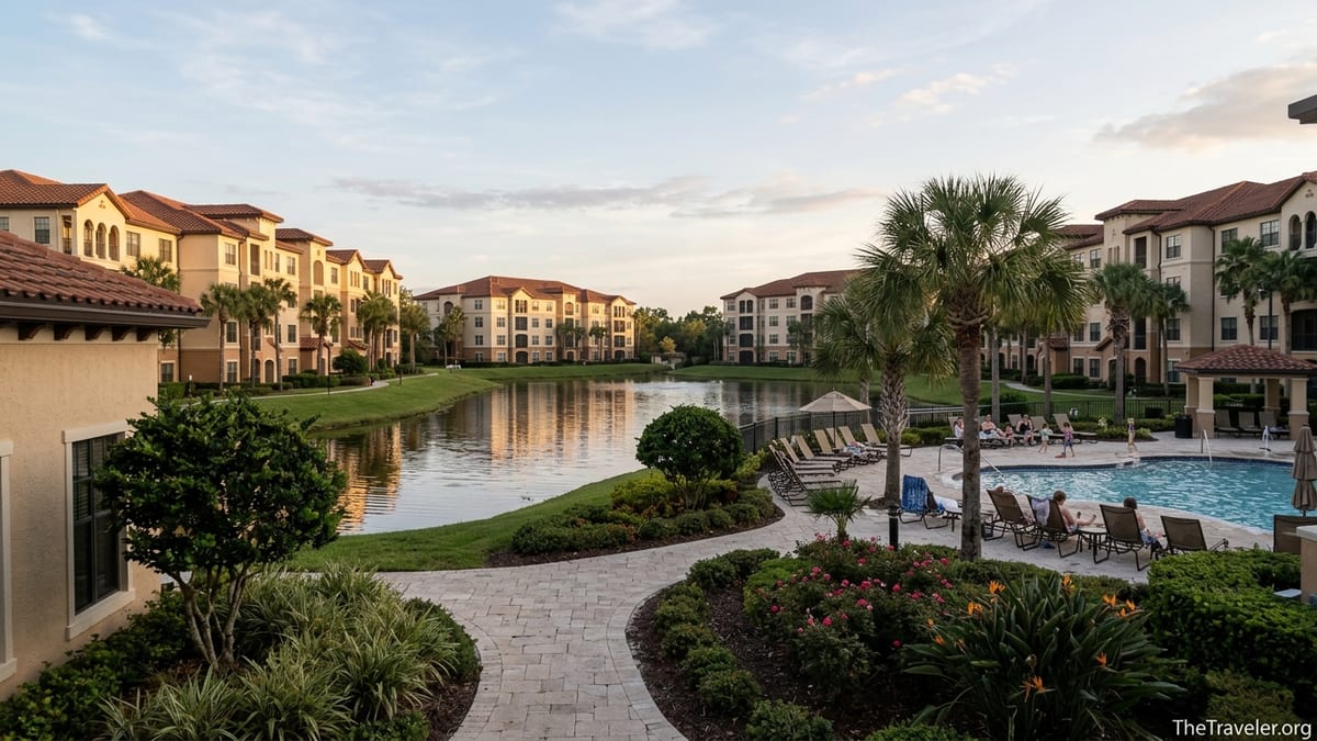 Hilton Tuscany Village Orlando buildings around a lake at sunset with pool and palm trees.