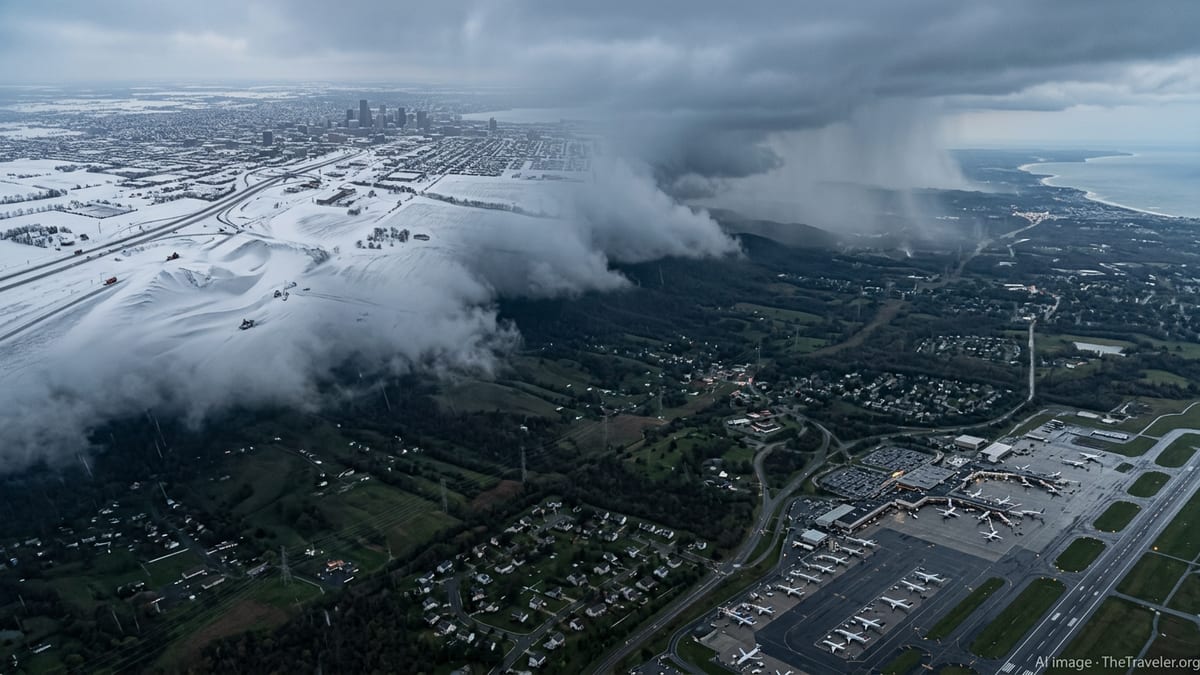 Aerial view of snowbound Midwest and storm-lashed East Coast airport during a massive multiday storm.