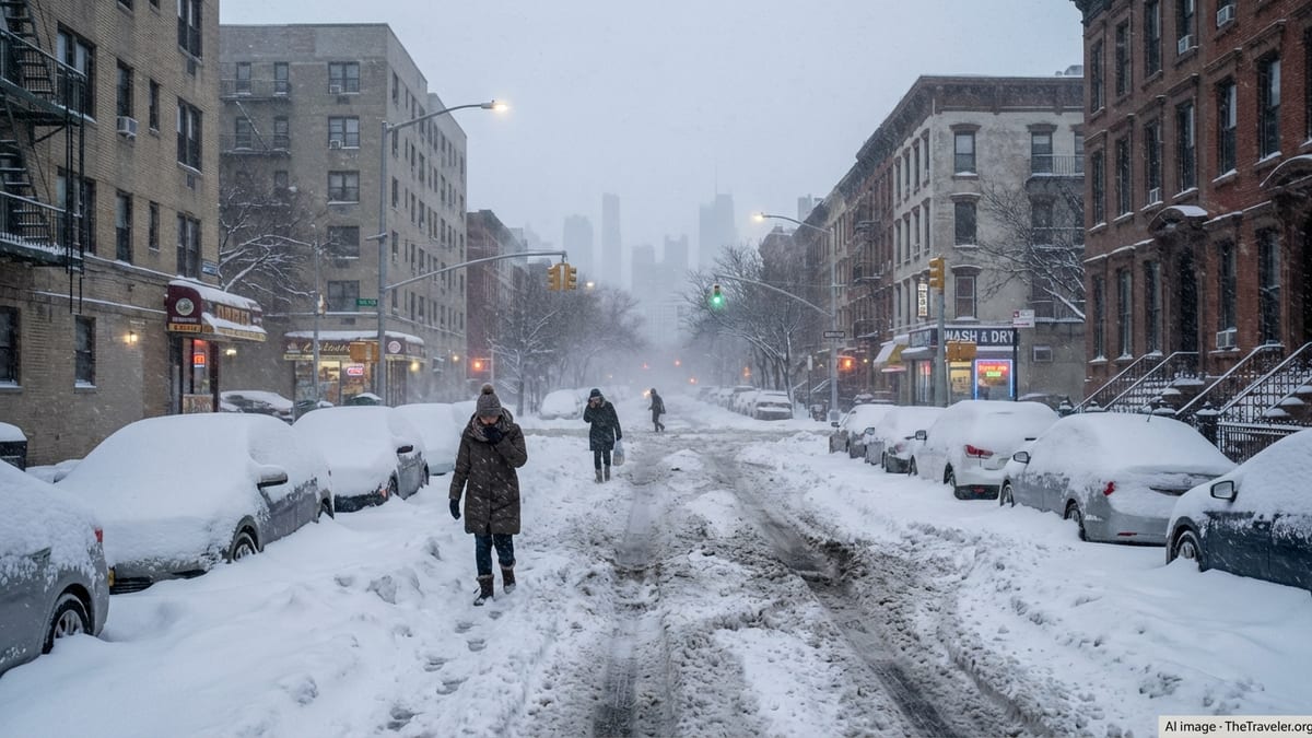 Snow-whipped New York street with buried cars and pedestrians battling a powerful blizzard.