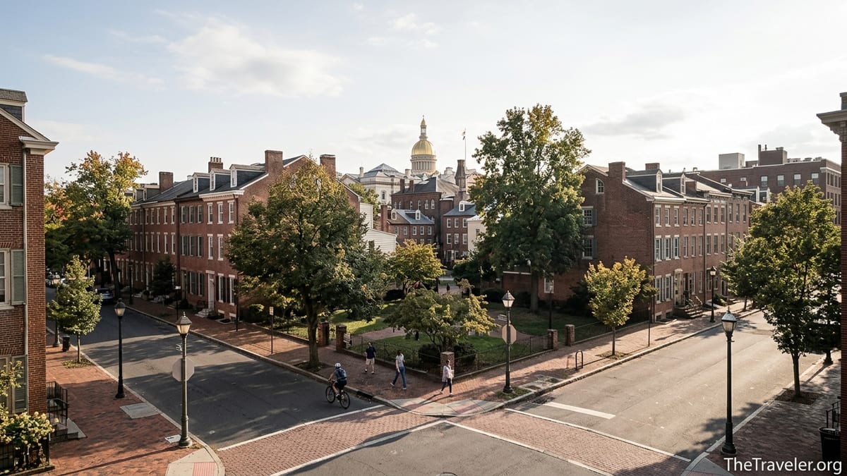 View of historic downtown Trenton with brick rowhouses and the gold State House dome in the distance.