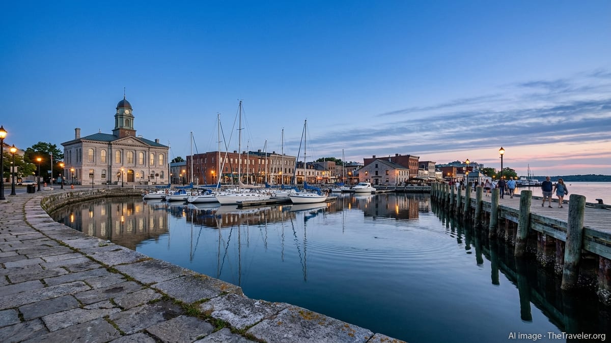 Blue-hour view of a historic small-town waterfront with sailboats and 19th-century buildings.