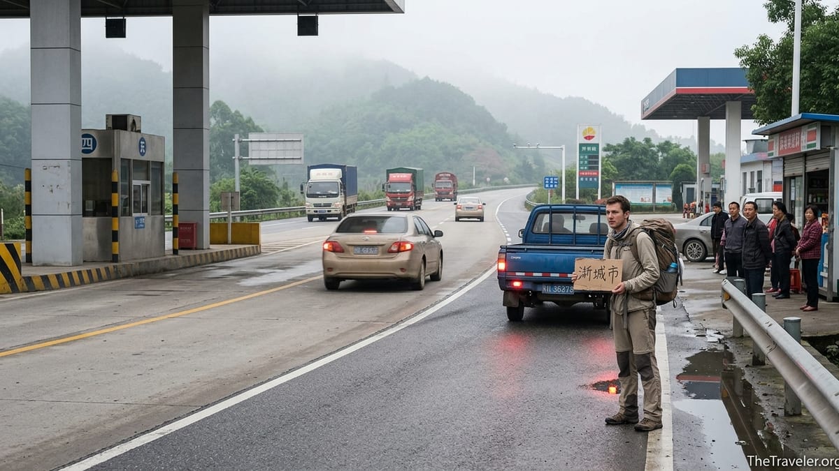 Solo traveler with backpack hitchhiking near a Chinese toll plaza as a pickup pulls over.