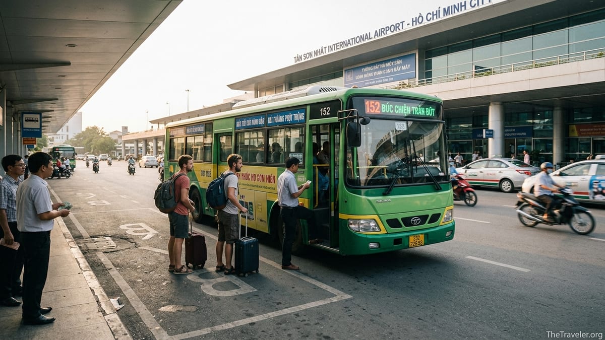 Bus 152 picking up passengers outside Tan Son Nhat Airport in Ho Chi Minh City.