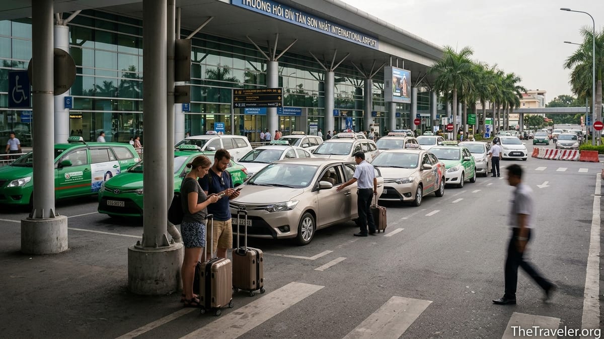 Travelers using the Grab app at the parking-area pickup zone outside Ho Chi Minh City’s Tan Son Nhat International Airport.