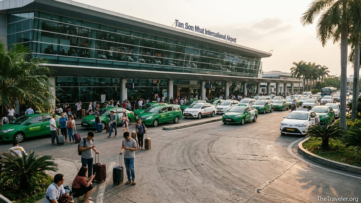 Arriving passengers outside Tan Son Nhat Airport in Ho Chi Minh City finding taxis and Grab cars.