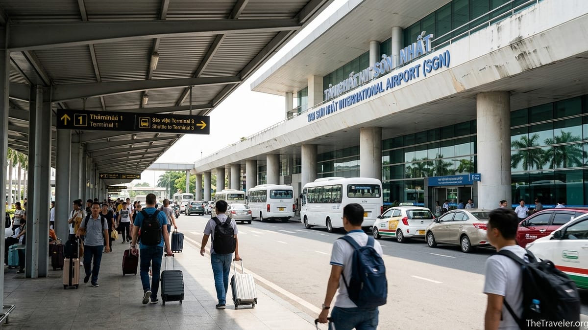 Travelers walking between terminals at Ho Chi Minh City’s Tan Son Nhat Airport with shuttle buses and taxis outside.