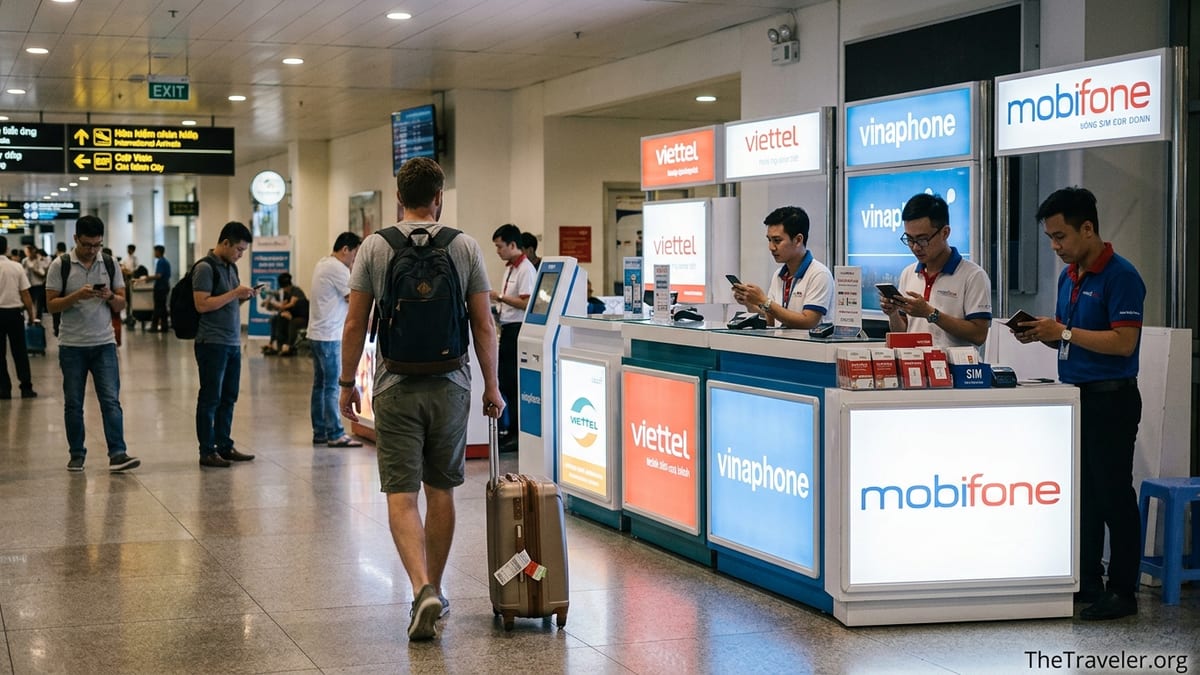 Travelers buying SIM cards at mobile kiosks in Tan Son Nhat Airport arrivals hall.