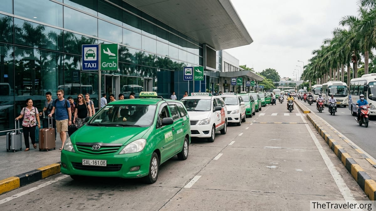 Official taxis and travelers outside Tan Son Nhat International Airport in Ho Chi Minh City.
