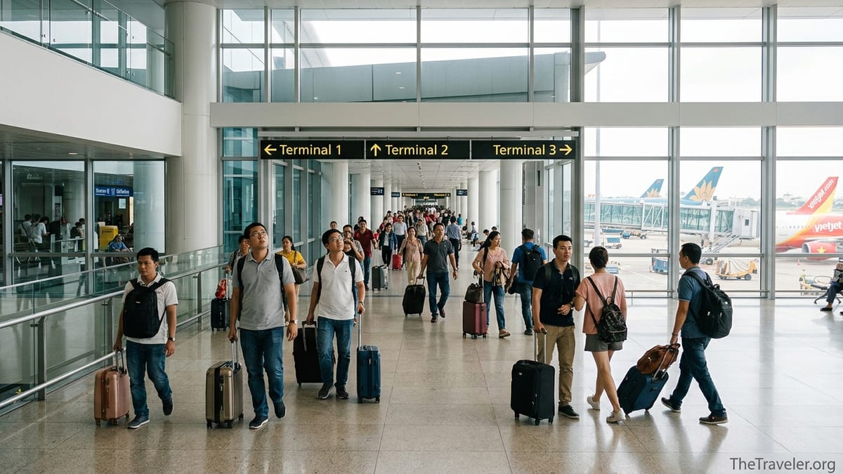 Travelers follow signs to Terminals 1, 2 and 3 inside Ho Chi Minh City’s Tan Son Nhat Airport.