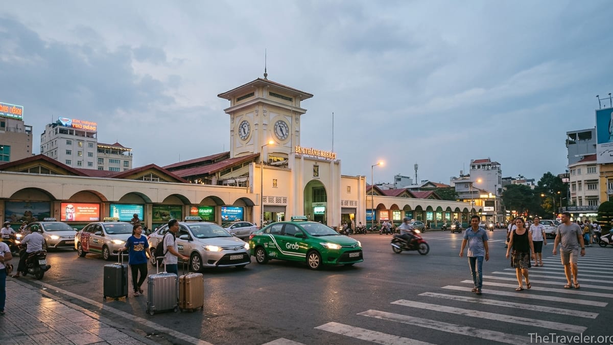 Evening traffic and travelers with luggage outside Ben Thanh Market in Ho Chi Minh City.