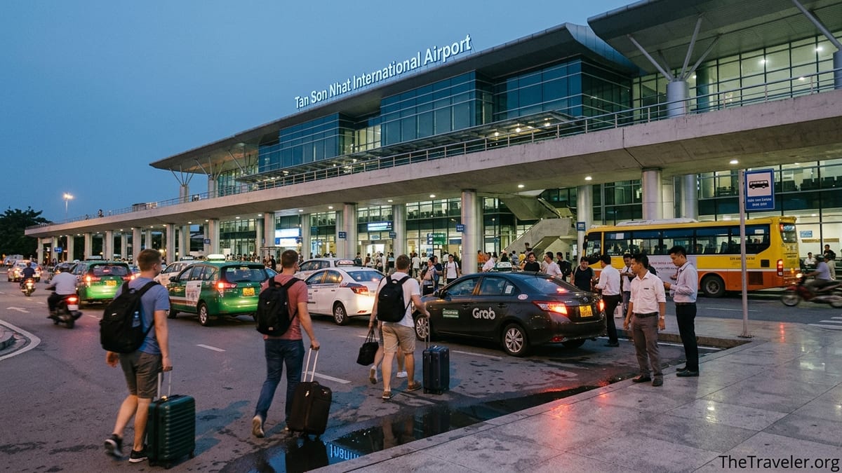 Travelers outside Tan Son Nhat Airport choosing between taxis, Grab cars, and the airport bus at dusk.