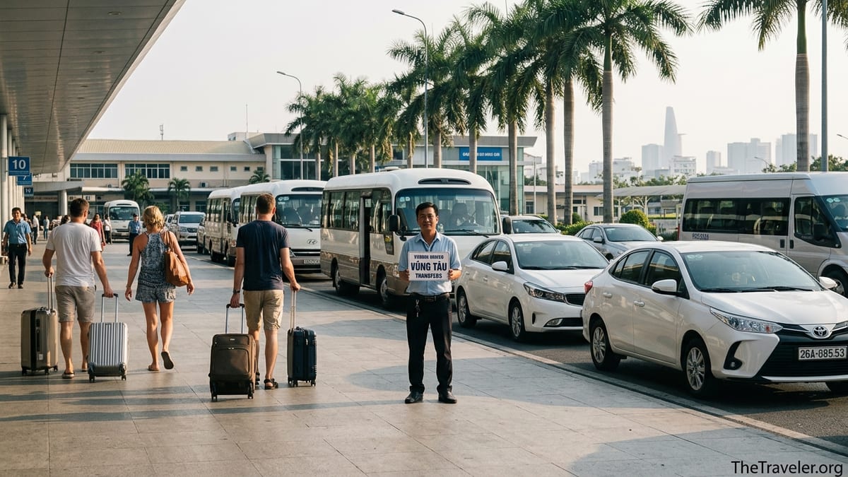 Travelers outside Tan Son Nhat Airport meeting a private transfer to Vung Tau.