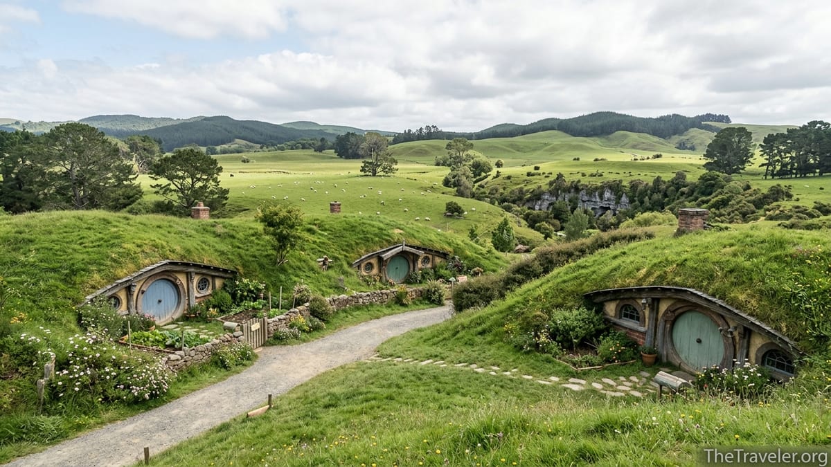 Rolling green hills of Hobbiton-style hobbit holes in New Zealand countryside under soft cloudy sky